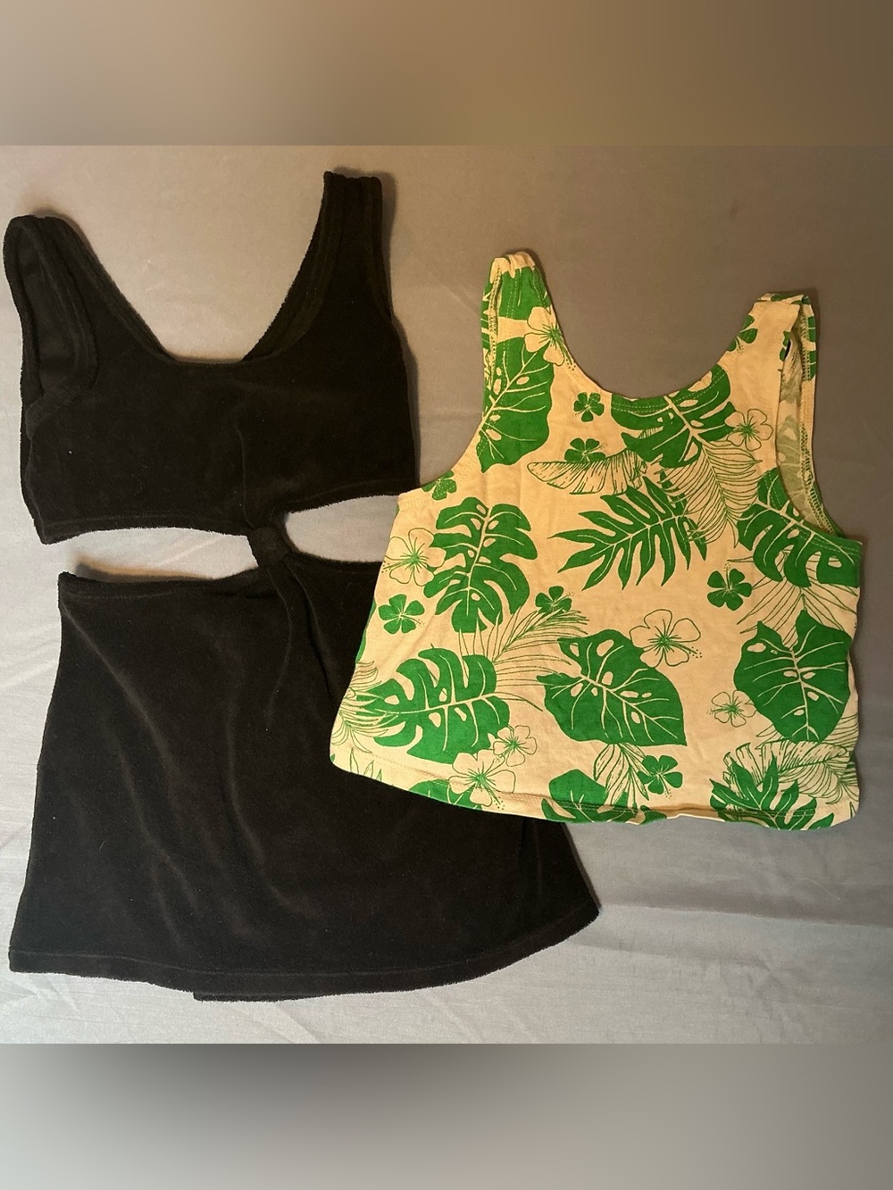 Zara Girls Black Cutout Tank & Cream Tank with Green Tropical Print and overalls